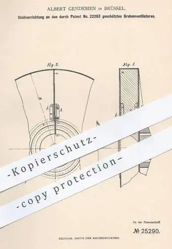 original Patent - Albert Gendebien , Brüssel , 1883 , Regulierung am Gruben - Ventilator | Gebläse , Lüftung , Bergbau !
