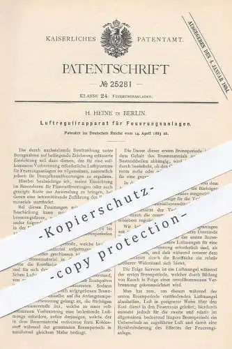 original Patent - H. Heine , Berlin , 1883 , Luftregulierung an Feuerungsanlagen | Feuerung , Lüftung , Ofen , Ofenbauer