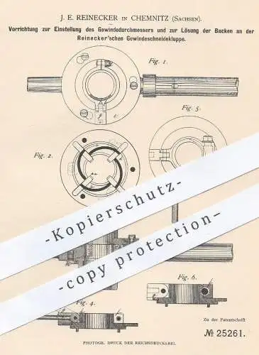original Patent - J. E. Reinecker , Chemnitz / Sachsen , 1883 , Gewinde - Durchmesser an Gewindeschneidkluppe | Metall !