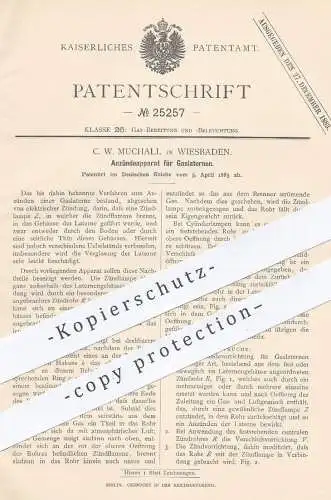 original Patent -  C. W. Muchall , Wiesbaden , 1883 , Zündung für Gaslaterne | Gas - Lampe | Brenner , Licht , Laterne !