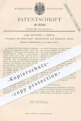 original Patent - Carl Rundorff , Berlin , 1883 , Irrigator mit Standrohr , Schutzblech u. Skala | Medizin , Einlauf !!