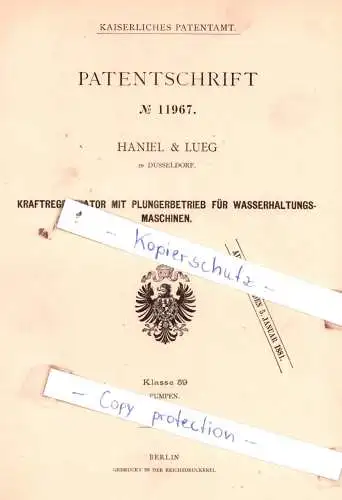 original Patent - Haniel & Lueg in Düsseldorf , 1879 , Kraftregenerator mit Plungerbetrieb !!!
