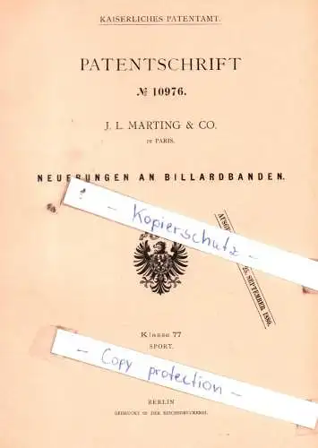 original Patent - J. L. Marting & Co. in Paris , 1880 , Neuerungen an Billardbahnen !!!