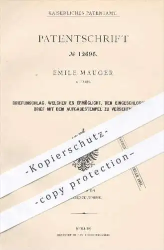 original Patent - Emile Mauger in Paris , 1880 , Briefumschlag | Kuvert , Brief , Briefe , Post , Briefmarken , Papier !