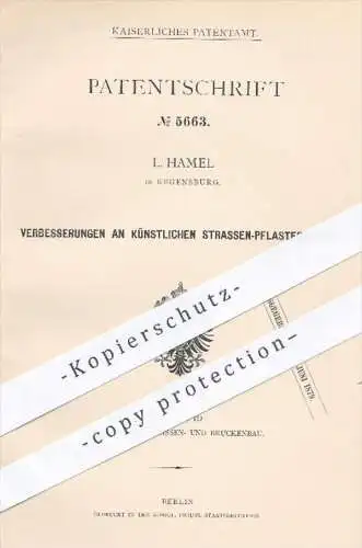 original Patent - L. Hamel , Regensburg , 1878 , künstliche Straßen - Pflastersteine | Stein , Steine , Straßenbau !!!