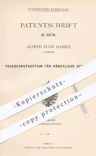 original Patent - Alfred Ellis Harris , London 1878 , Federkonstruktion für künstliches Gebiss | Zahnarzt , Zahn , Zähne