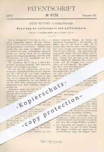 original Patent - Otto Wuttke in Zehlendorf , 1879 , Luftsauger u. Luftdrücker | Gebläse , Lüftung , Heizung , Ofen !!!