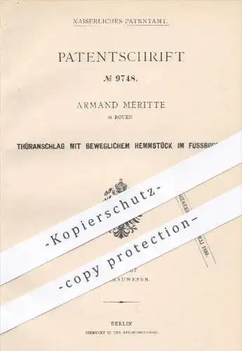 original Patent - Armand Méritte in Rouen , 1879 , Türanschlag mit beweglichem Hemmstück im Fußboden | Tür , Türen !!!