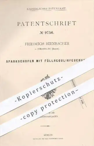 original Patent - Fr. Birnbacher , Stassburg , Elsass , 1879 , Sparkochofen mit Füllregulierfeuerung | Kochherd , Ofen !