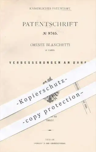 original Patent - Oreste Blanchetti in Paris , 1879 , Uhr , Uhren | Unruhen , Uhrmacher , Uhrwerk , Taschenuhr , Wecker