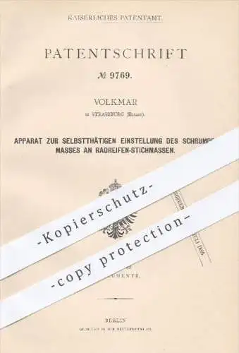 original Patent - Volkmar , Strassburg , Elsass , 1879 , Schrumpfmaß an Radreifen - Stichmaßen | Reifen , Räder , Rad !!