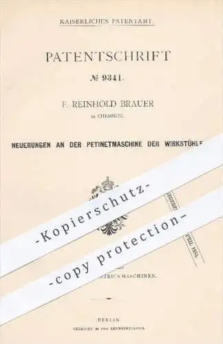 original Patent - F. Reinhold Brauer , Chemnitz  1879 , Petinetmaschine der Wirkstühle | Wirkstuhl , Jacquard , Stricken