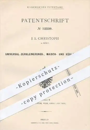 original Patent - J. E. Christoph , Nisky 1880 , Apparat zum Zerkleinern , Maischen , Kühlen | Maische , Bier , Brauerei