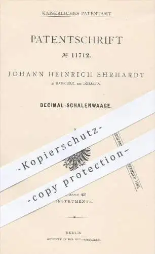 original Patent - J. H. Ehrhardt , Radebeul / Dresden 1880 , Dezimal - Schalenwaage | Waage , Waagen , Wiegen , Gewichte