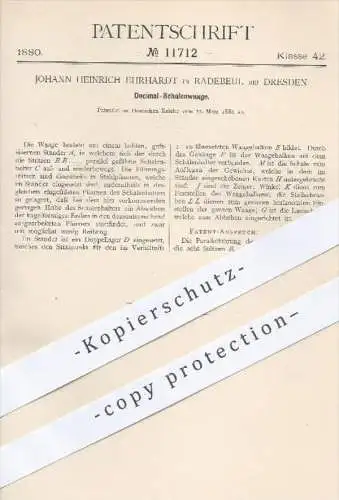 original Patent - J. H. Ehrhardt , Radebeul / Dresden 1880 , Dezimal - Schalenwaage | Waage , Waagen , Wiegen , Gewichte