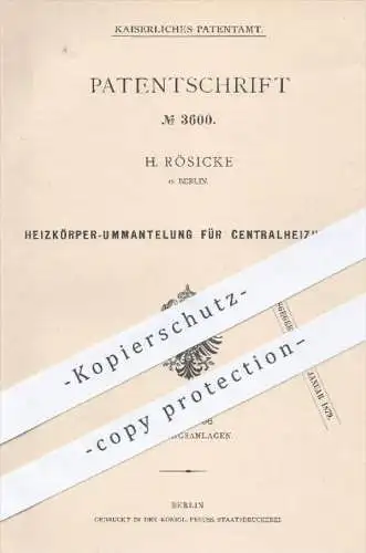 original Patent - H. Rösicke , Berlin , 1878 , Heizkörper - Ummantelung für Zentralheizungen | Heizung , Heizungen !!!