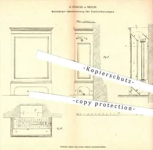 original Patent - H. Rösicke , Berlin , 1878 , Heizkörper - Ummantelung für Zentralheizungen | Heizung , Heizungen !!!