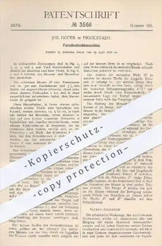 original Patent - J. Hofer , Ingolstadt 1878 , Fleischschneidemaschine | Messer , Fleischerei , Schlachterei  Schlachter