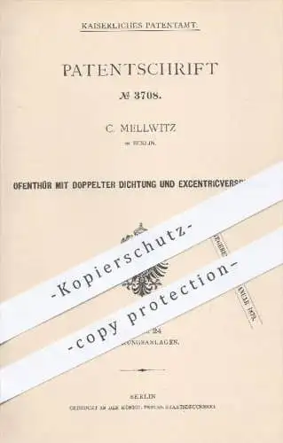 original Patent - C. Mellwitz , Berlin , 1878 , Ofentür mit doppelter Dichtung u. Exzentrikverschluss | Ofen , Ofenbauer