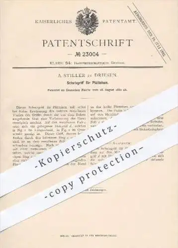 original Patent - A. Stiller in Driesen , 1882 , Schutzgriff für Plätteisen | Bügeleisen , Bügeln , Haushalt , Wäsche !