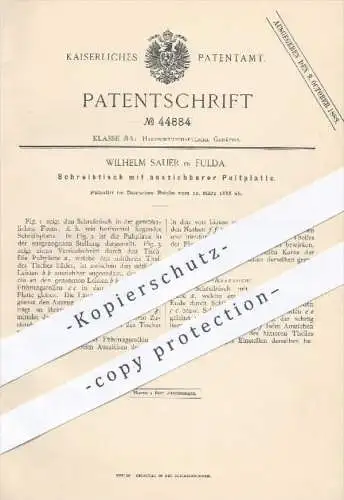 original Patent - Wilhelm Sauer in Fulda , 1888 , Schreibtisch mit ausziehbarer Pultplatte | Pult , Tisch , Möbel !!!