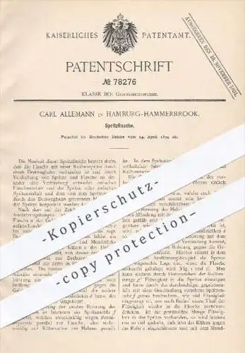 original Patent - Carl Allemann , Hamburg Hammerbrook , 1894 , Spritzflasche | Spritze , Flasche , Medizin , Arzt !!!