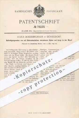 original Patent - J. Boeddinghaus , Düsseldorf 1894 , Befestigung von mit Schrauben , Haken in der Wand | Dübel , Bohrer