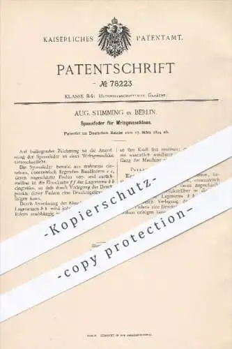 original Patent - Aug. Stimming in Berlin , 1894 , Spannfeder für Wringmaschinen | Waschmaschine , Schleuder , Haushalt