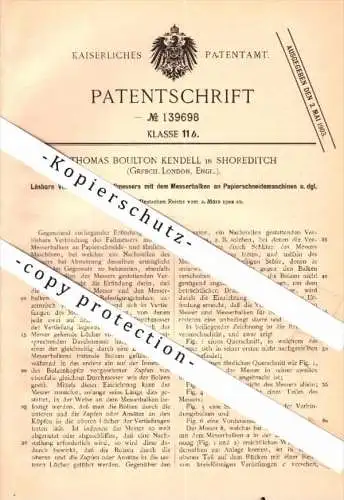 Original Patent - Thomas Boulton Kendell in Shoreditch , London , 1902 , Guillotine for paper cutting machine , Hackney