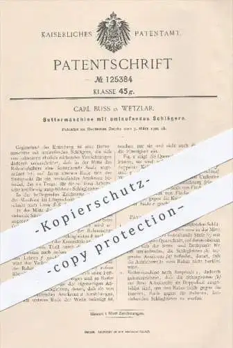 original Patent - Carl Buss in Wetzlar , 1901 , Buttermaschine mit laufenden Schlägern , Butter , Rahm , Milch !!!