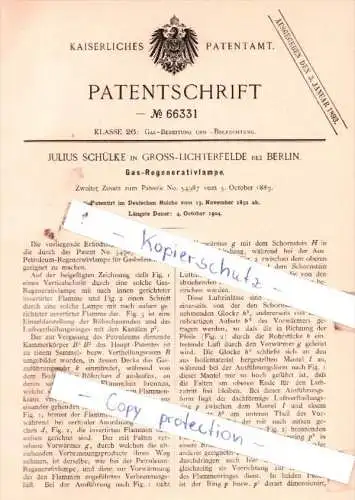 Original Patent  - Julius Schülke in Gross-Lichterfelde bei Berlin , 1891 , Gas-Regenerativlampe !!!