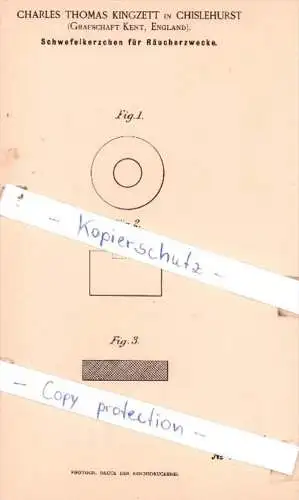 Original Patent  -  C. Thomas Kingzett in Chislehurst , 1893 , Schwefelkerzchen für Räucherzwecke !!!