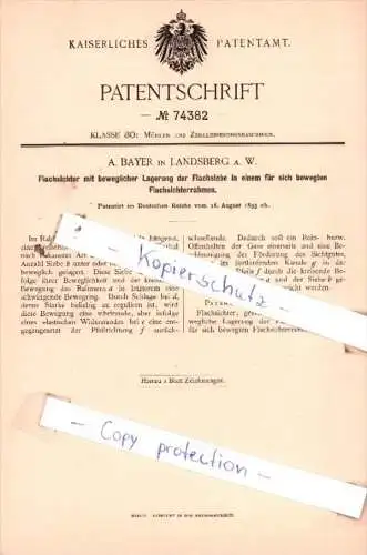 Original Patent  - A. Bayer in Landsberg a. W. , 1893 , Lagerung der Flachsiebe !!!