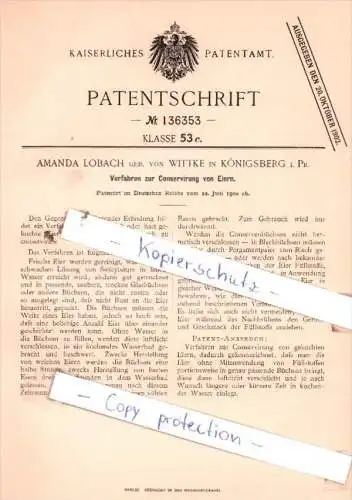 Original Patent  - Amanda Lobach geb. von Wittke in Königsberg i. Pr. , 1900 , !!!