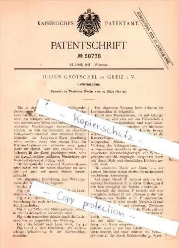 Original Patent  - Julius Grötschel in Greiz i. V. , 1891 , Levirmaschine !!!