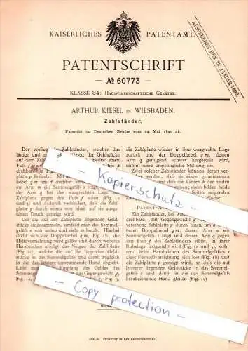 Original Patent  - Arthur Kiesel in Wiesbaden , 1891 , Zahlständer !!!