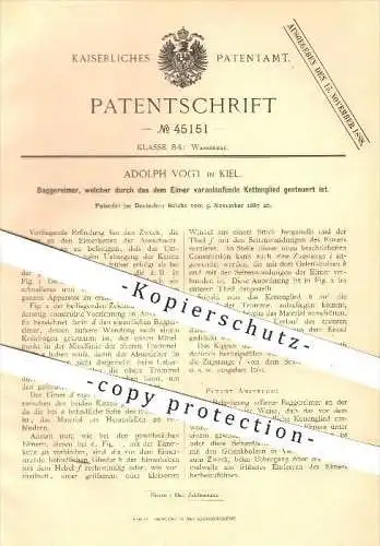 original Patent - Adolph Vogt , Kiel , 1887 , Baggereimer , Baggerschaufel , Schaufel , Bagger , Bau , Wasserbau , Eimer