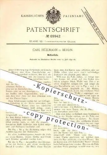 original Patent - Carl Hüllmann in Berlin , 1892 , Mottenfalle , Motten , Insekten , Schädlingsbekämpfung , Falle !!!