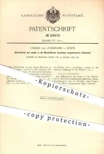 original Patent - Urban & Zohmann , Köln , 1892 , Billardstock mit Zählwerk , Queue , Billard , Sport , Billardspiel !