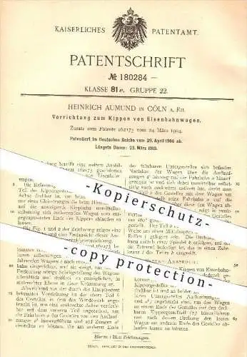 original Patent - Heinrich Aumund , Köln / Rhein , 1906 , Kippen von Eisenbahnwagen , Eisenbahn , Eisenbahnen , Wagon !!