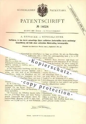 original Patent - A. Reinecke , Königslutter , 1880 , Unlöslicher Niederschlag durch Überhitzung von Zuckersaft , Zucker