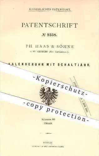 original Patent - Ph. Haas & Söhne in St. Georgen , 1879 , Kalenderuhr mit Schaltjahr , Kalender , Uhr , Uhren , Uhrwerk