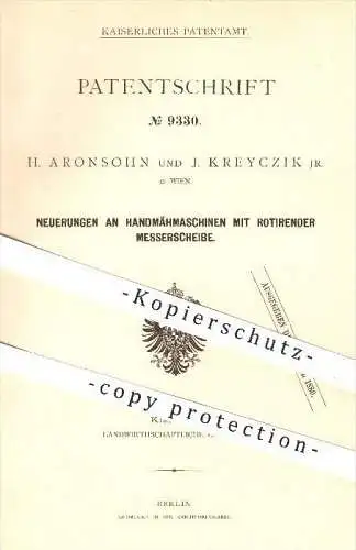 original Patent - H. Aronsohn u. J. Kreyczik , Wien , 1879 , Handmähmaschine mit rotierender Messerscheibe , Mähen !!!