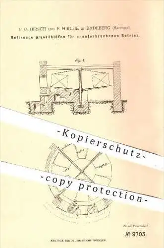 original Patent - F. O. Hirsch u. E. Hirche , Radeberg , 1879 , Rotierender Glaskühlofen , Kühlofen , Glas , Glasbläser