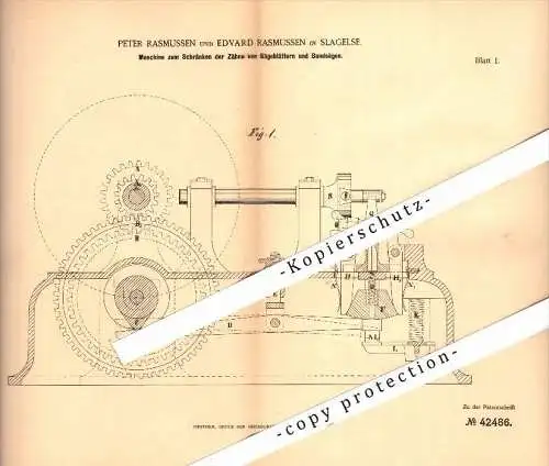 Original Patent - Peter Rasmussen in Slagelse , Dänemark , 1887 , Maschine zum Schränken von Sägen !!!