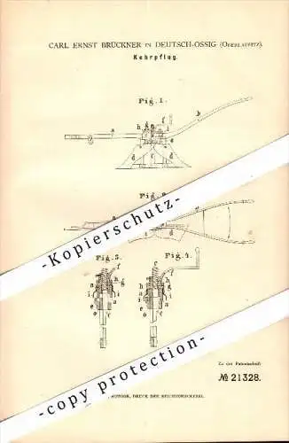 Original Patent - C.E. Brückner in Deutsch Ossig b. Görlitz , 1882 , Kehrpflug , Pflug , Landwirtschaft , Agrar !!!