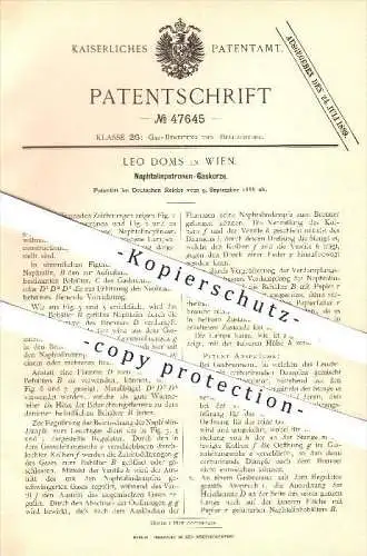 original Patent - Leo Doms in Wien , 1888 , Naphtalinpatronen - Gaskerze , Kerze , Lampe , Licht , Gas , Gasbrenner !!!