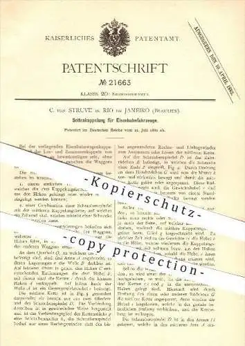 original Patent - C. von Struve in Rio de Janeiro , Brasilien , 1882 , Seitenkupplung für Eisenbahnen , Eisenbahn , Zug