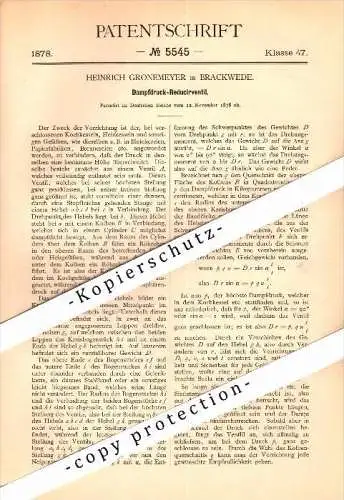 Original Patent - Heinrich Gronemeyer in Brackwede b. Bielefeld , 1878 , Dampfdruck-Reducirventil , Maschinenbau !!!