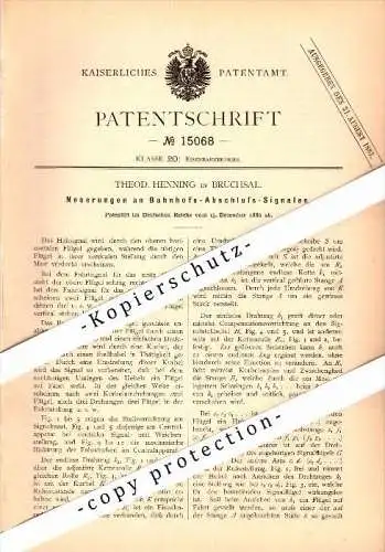 Original Patent  - W. Henning in Bruchsal , Baden , 1880 , Bahnhof - Signalanlage !!!